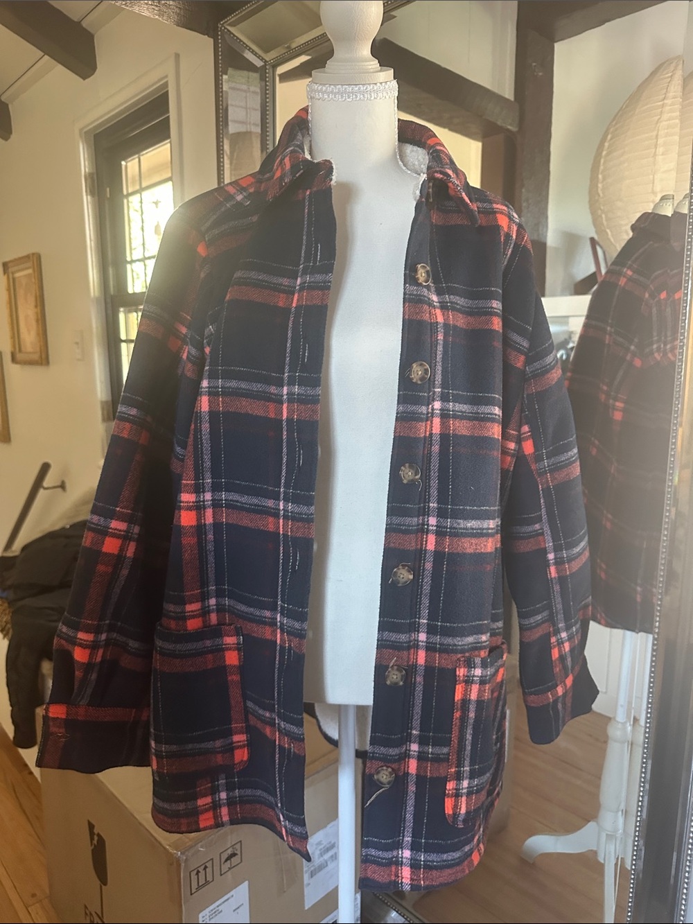 Style & Co. Navy and Red Plaid Utility Shacket